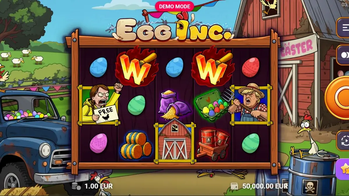 Tampilan visual slot Egg Inc. dengan tema peternakan kartun yang penuh warna
